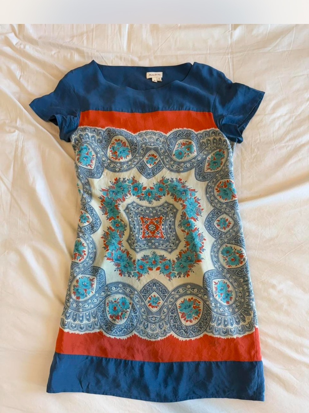 Anthropologie Blue and Coral Floral Paisley Mini Dress